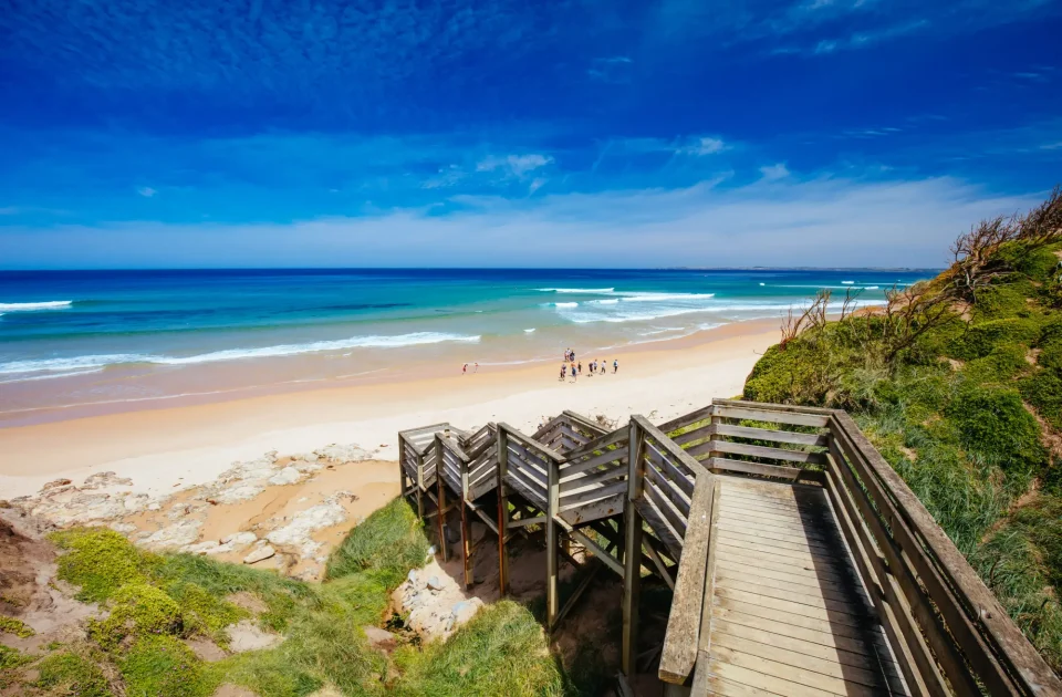 Staircase to the iconic Cape Woolamai Surf Beach on Phillip Island, Victoria, Australia